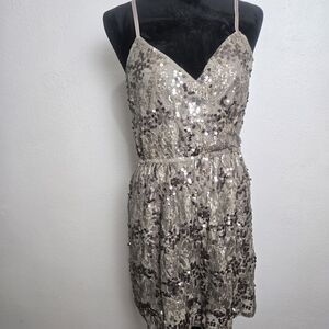 Sequin Spaghetti-Strap Mini Dress in Champagne Express Medium